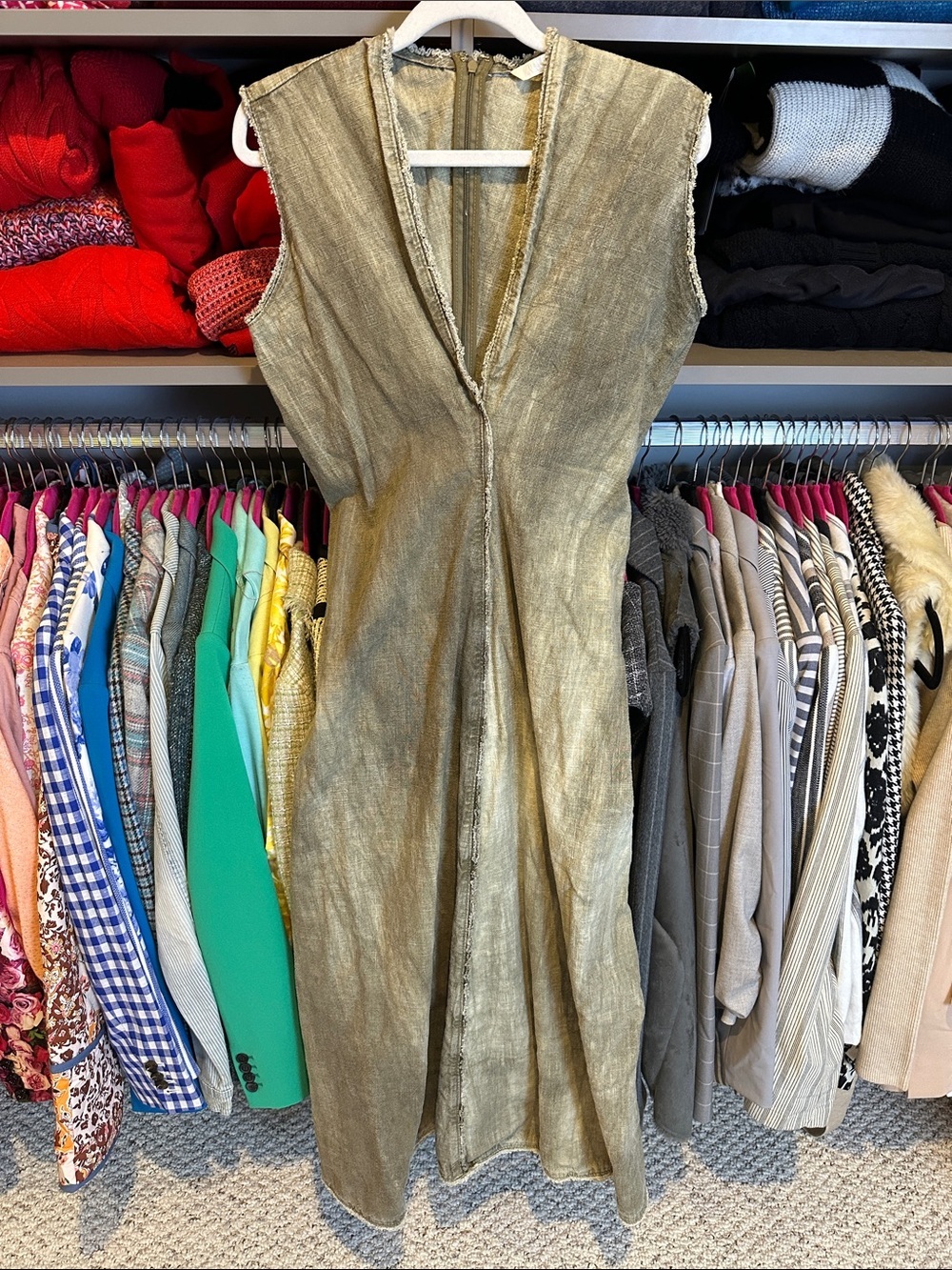 Zara green mineral wash sleeveless back zipper raw edge midi dress size S NWOT
